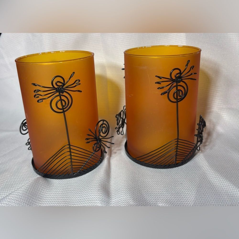 2 Orange Halloween Spiders Glass Candleholders Table Decor EPC